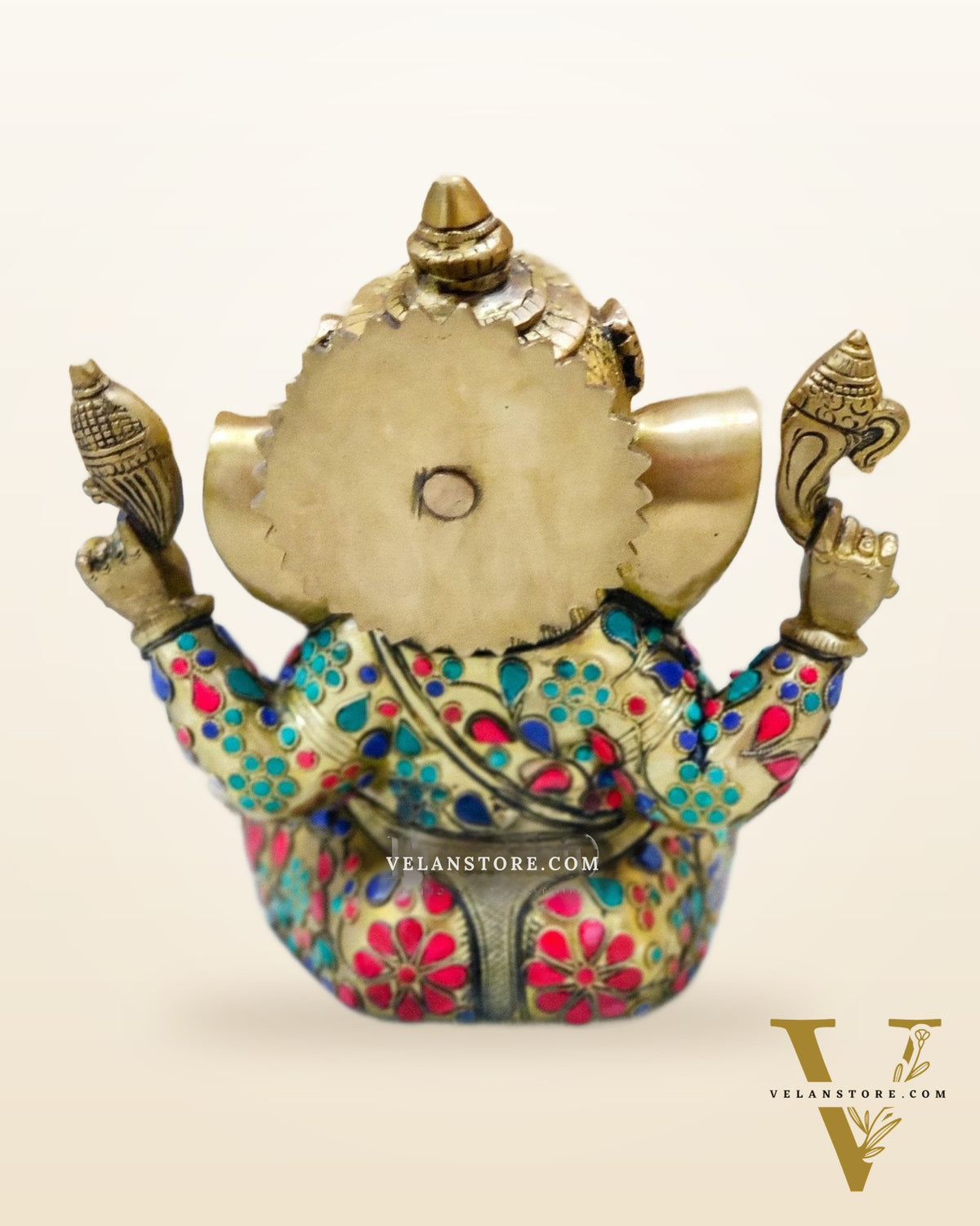 Beautiful Taj Ganesha Statue Handcrafted in Fine Brass with Stonework 9 inches