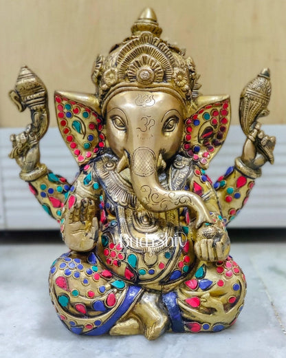 Beautiful Taj Ganesha Statue Handcrafted in Fine Brass with Stonework 9 inches