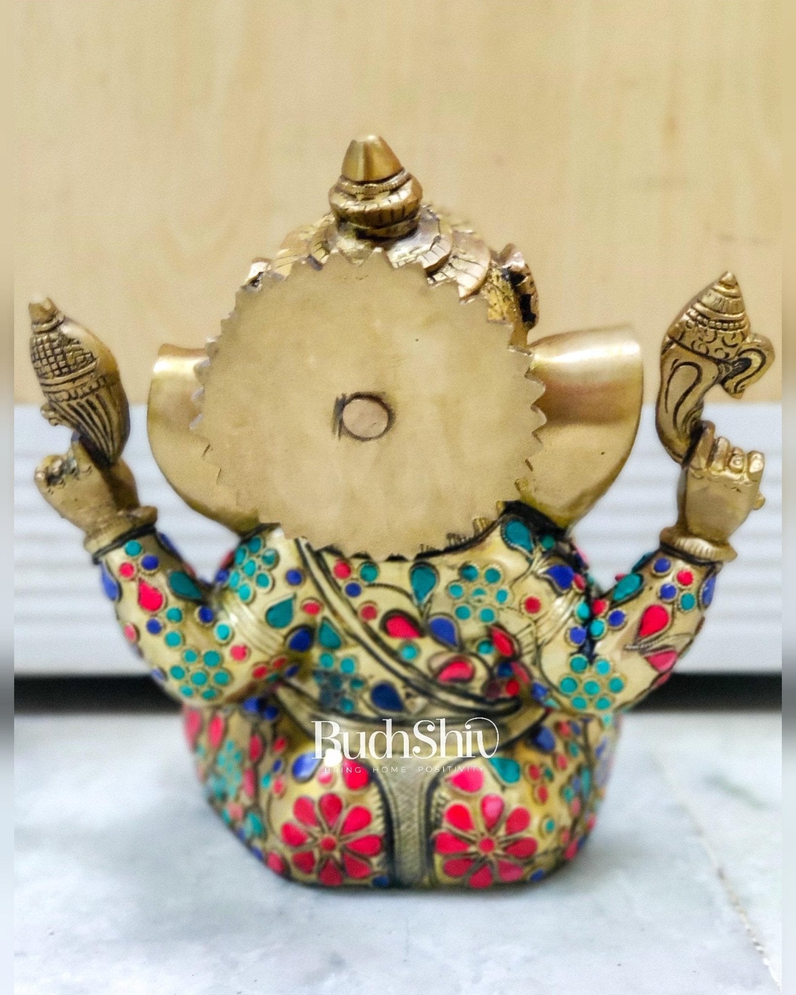 Beautiful Taj Ganesha Statue Handcrafted in Fine Brass with Stonework 9 inches
