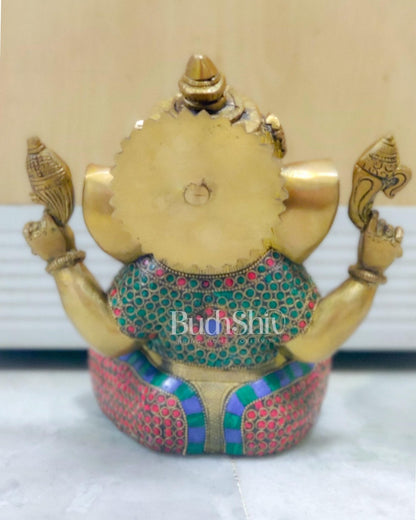 Beautiful Taj Ganesha Statue Handcrafted in Fine Brass with Stonework 9 inches