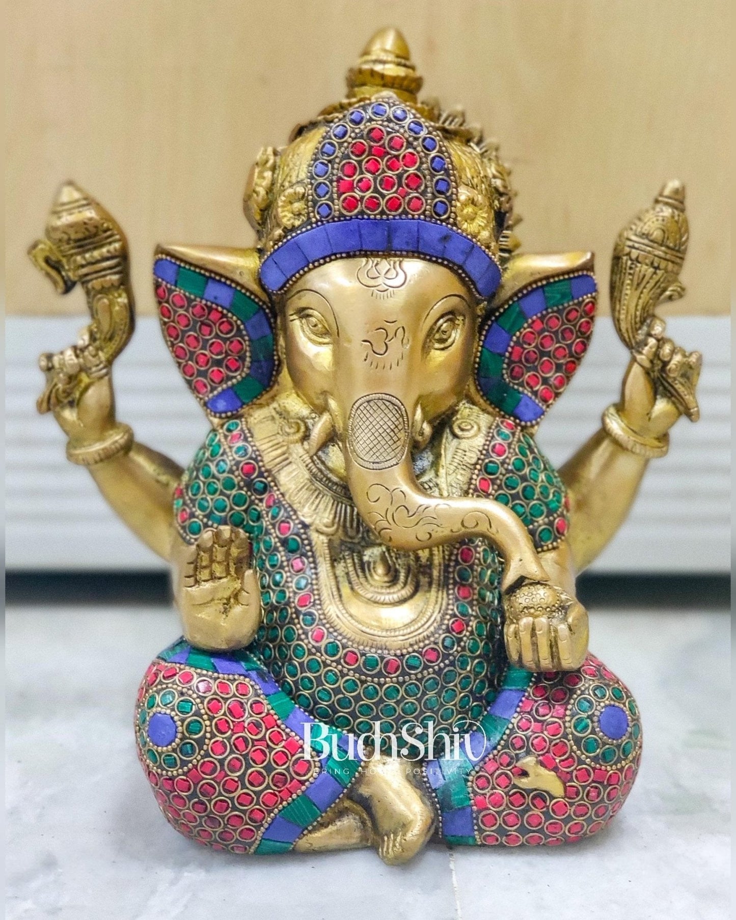 Beautiful Taj Ganesha Statue Handcrafted in Fine Brass with Stonework 9 inches