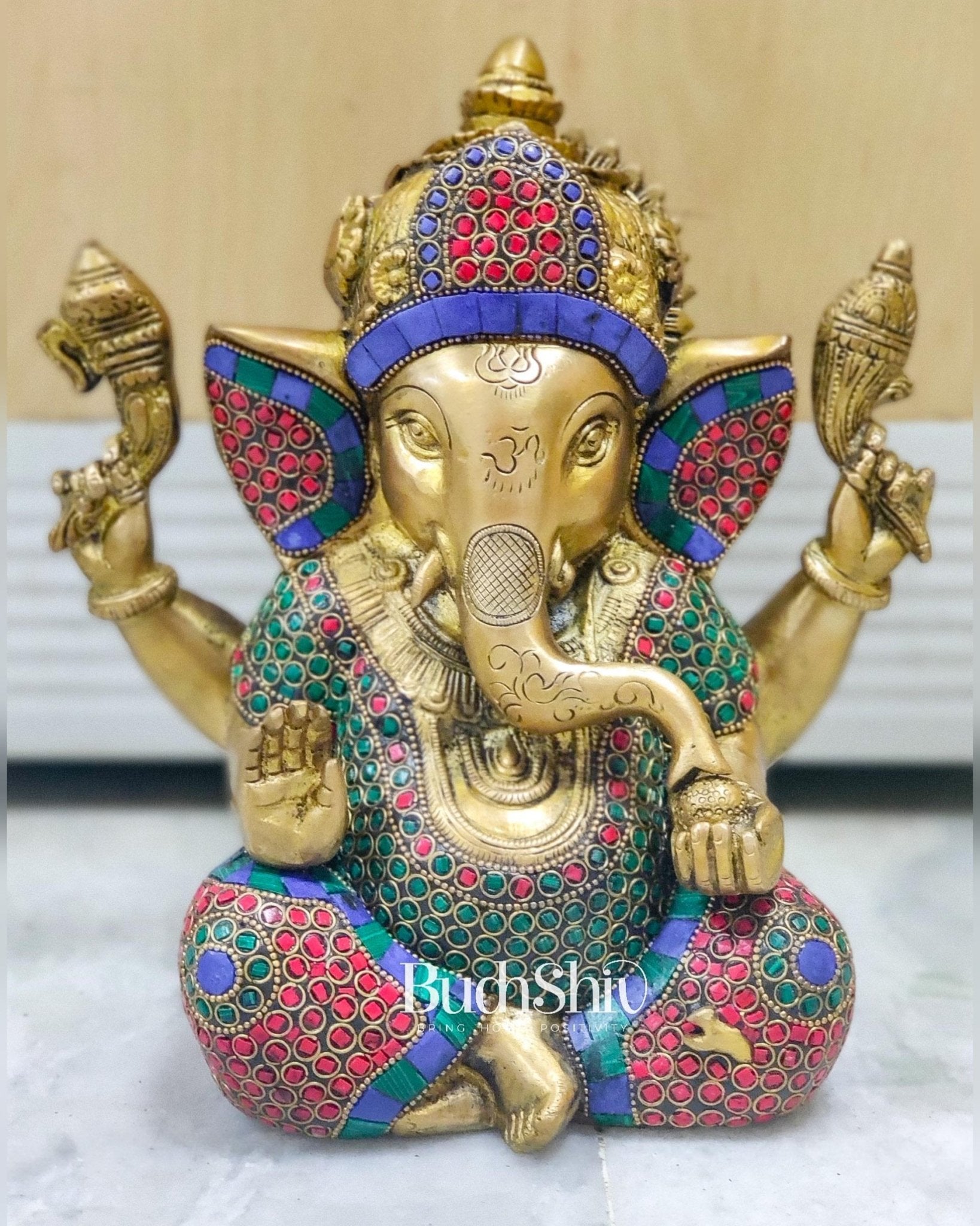 Beautiful Taj Ganesha Statue Handcrafted in Fine Brass with Stonework 9 inches