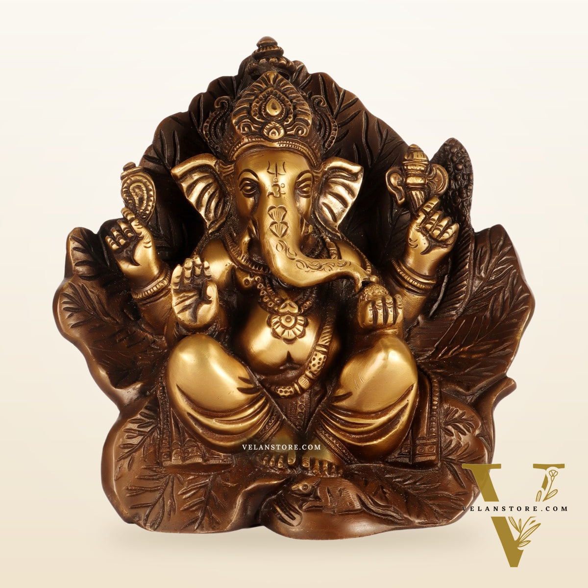 Beautifully Handcrafted Brass Ganapathi Statue Seated on Leaf Throne - 7" Height