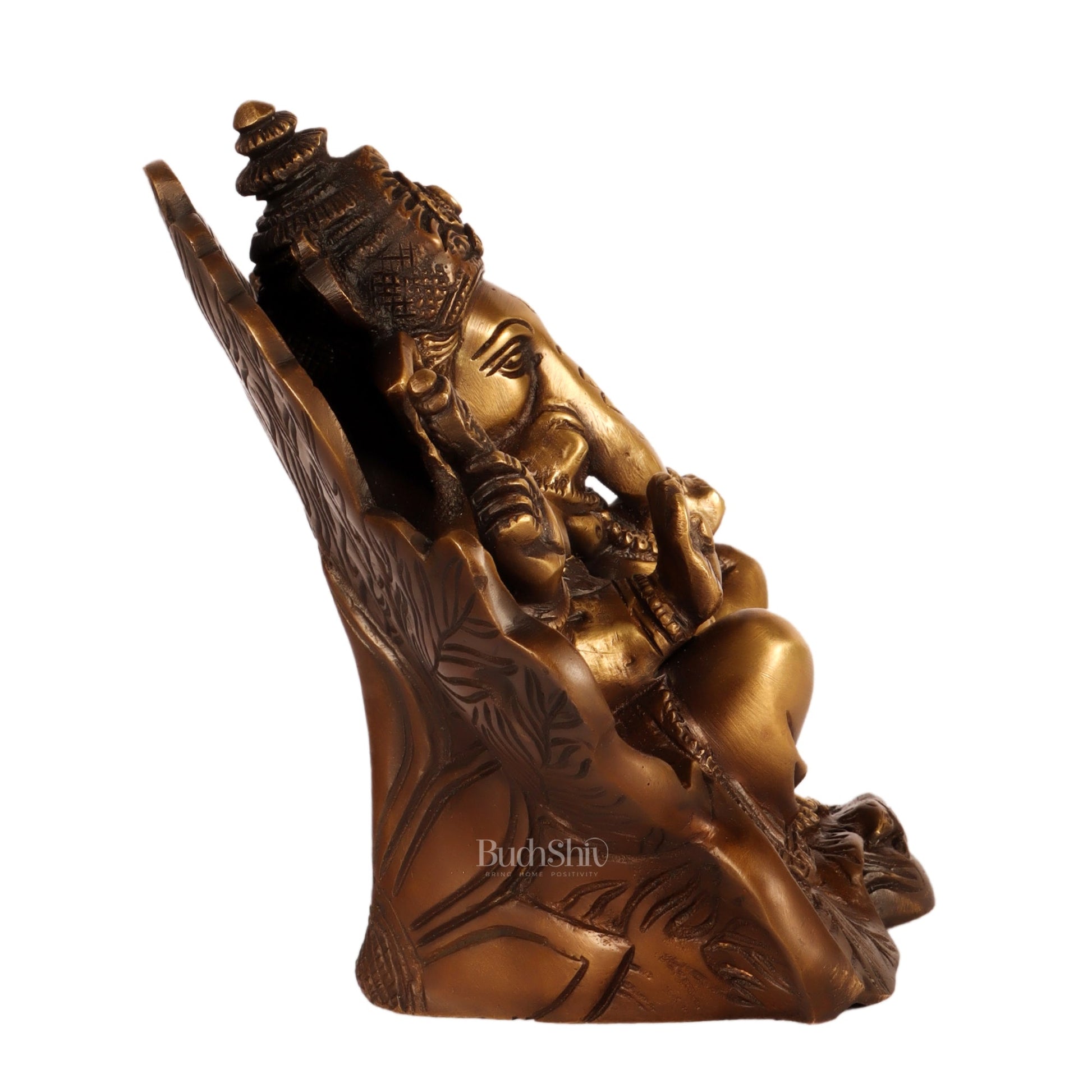 Beautifully Handcrafted Brass Ganapathi Statue Seated on Leaf Throne - 7" Height