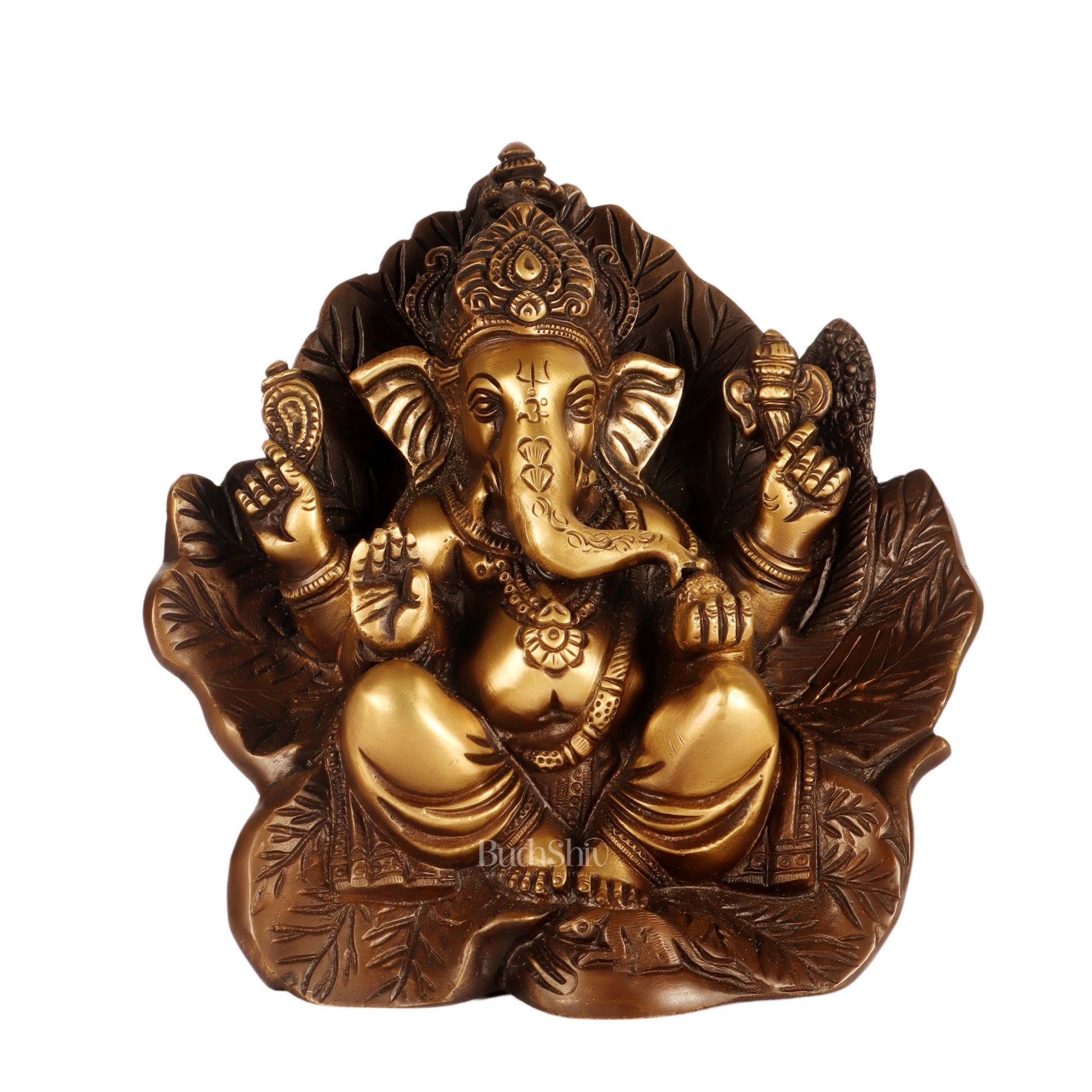 Beautifully Handcrafted Brass Ganapathi Statue Seated on Leaf Throne - 7" Height