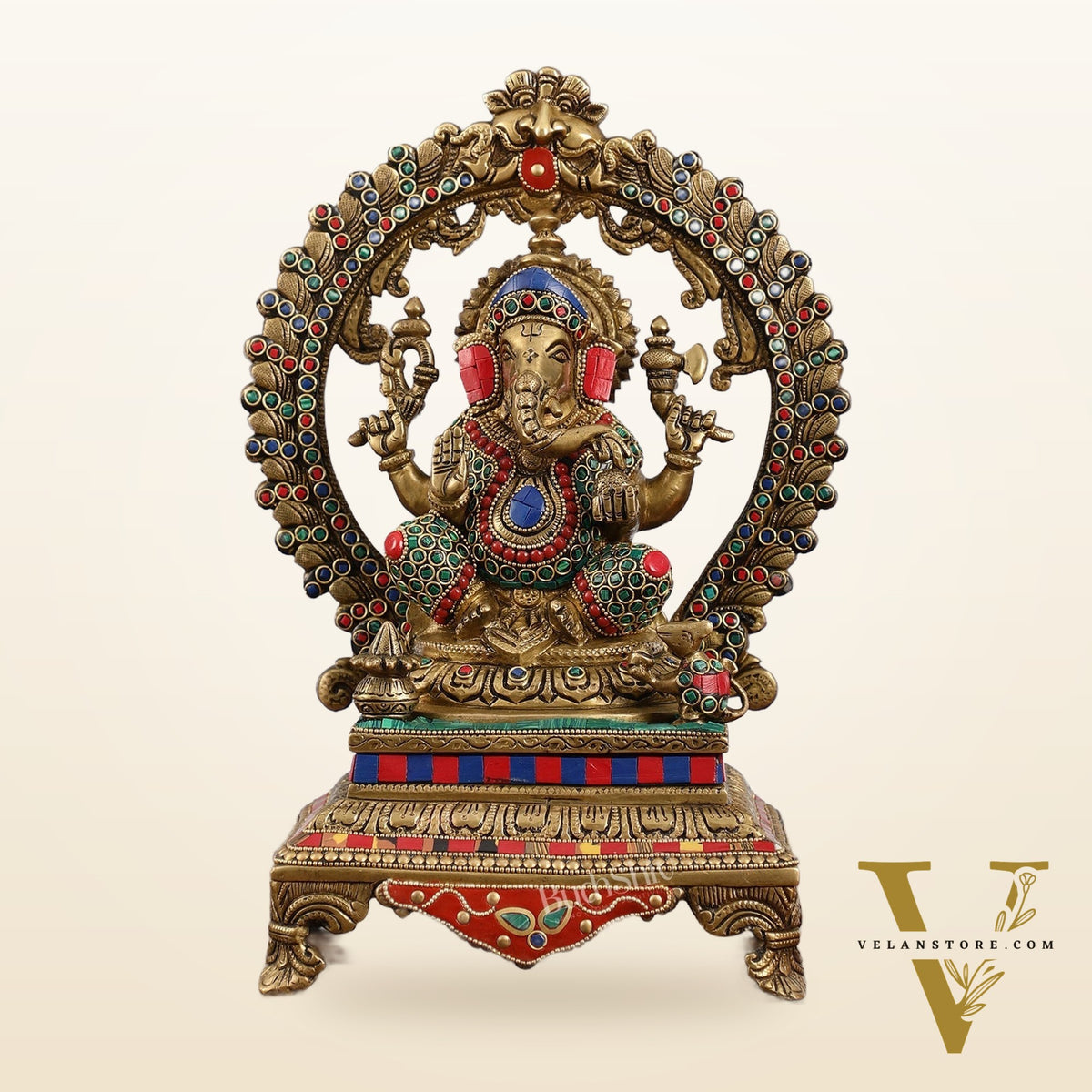 Beautifully Handcrafted Ganesha Statue on Throne with Yali Prabhavali 14" Stonework