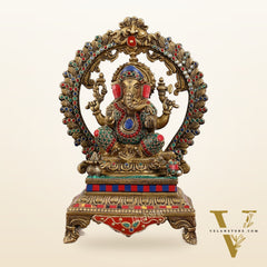 Beautifully Handcrafted Ganesha Statue on Throne with Yali Prabhavali 14" Stonework