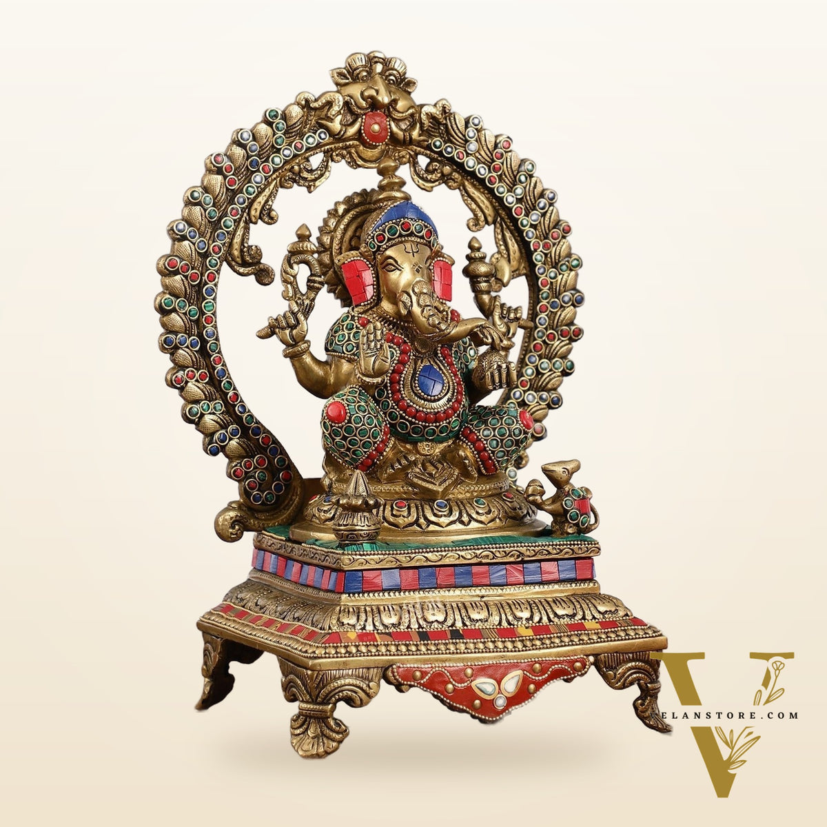 Beautifully Handcrafted Ganesha Statue on Throne with Yali Prabhavali 14" Stonework