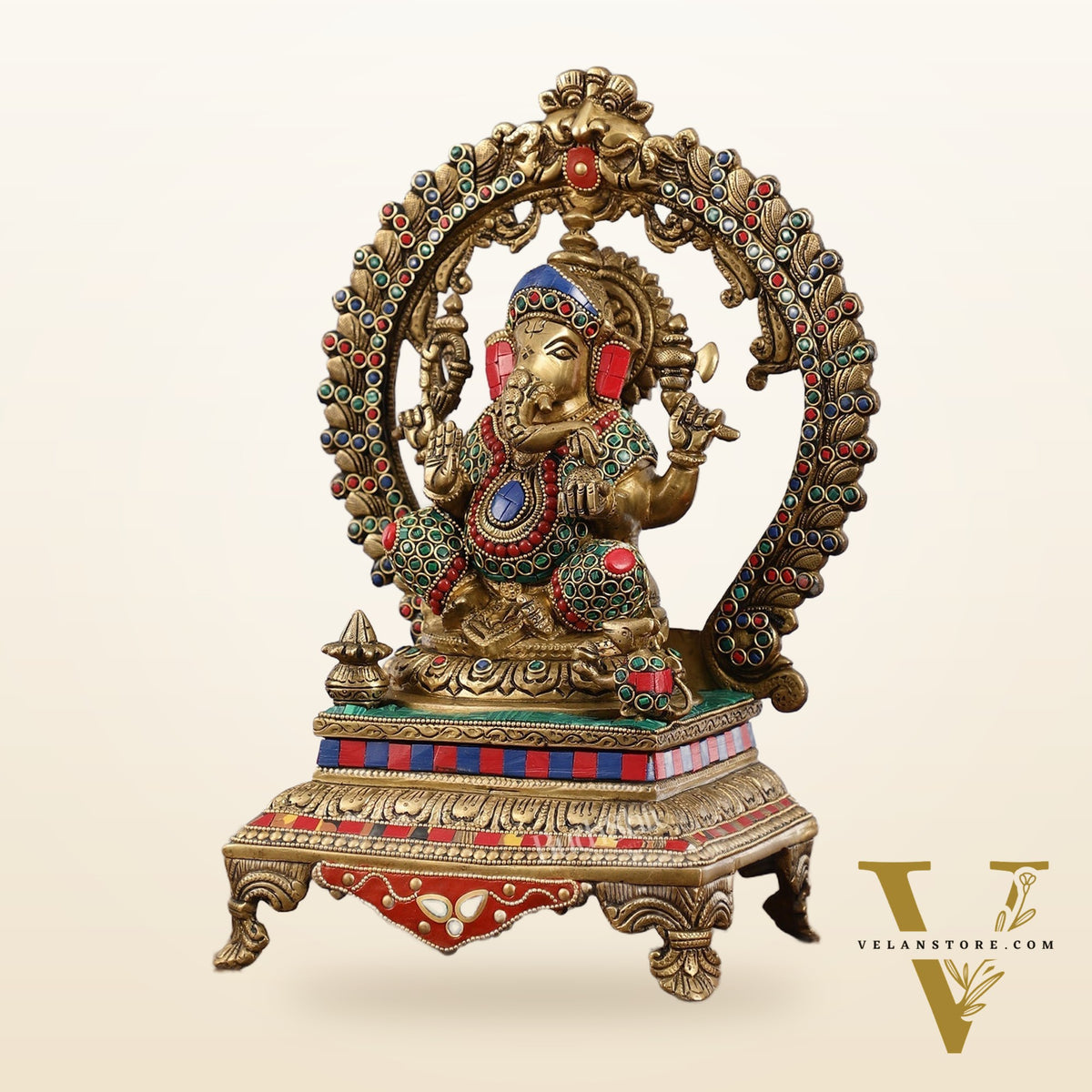 Beautifully Handcrafted Ganesha Statue on Throne with Yali Prabhavali 14" Stonework