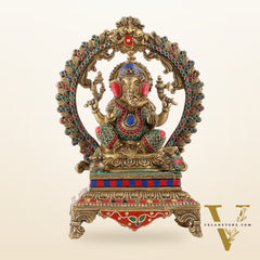 Beautifully Handcrafted Ganesha Statue on Throne with Yali Prabhavali 14" Stonework