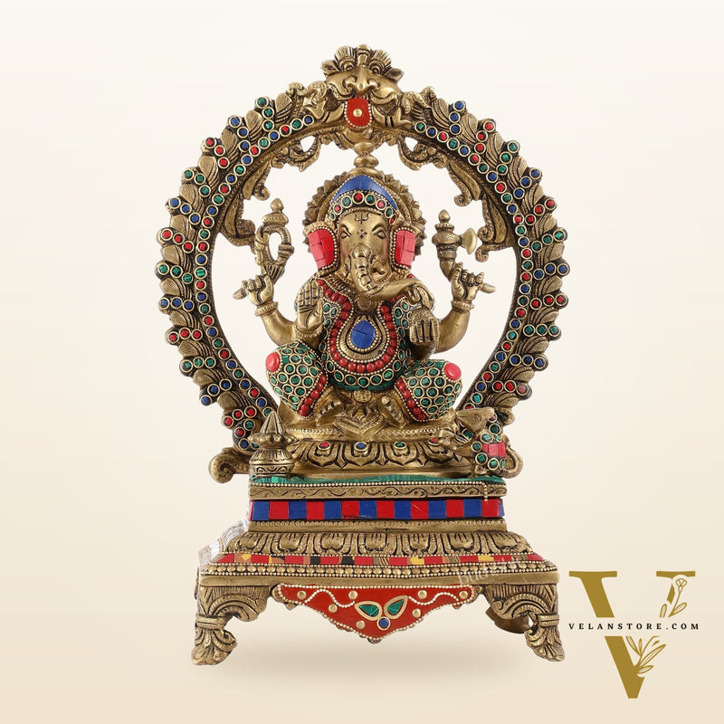 Beautifully Handcrafted Ganesha Statue on Throne with Yali Prabhavali 14" Stonework