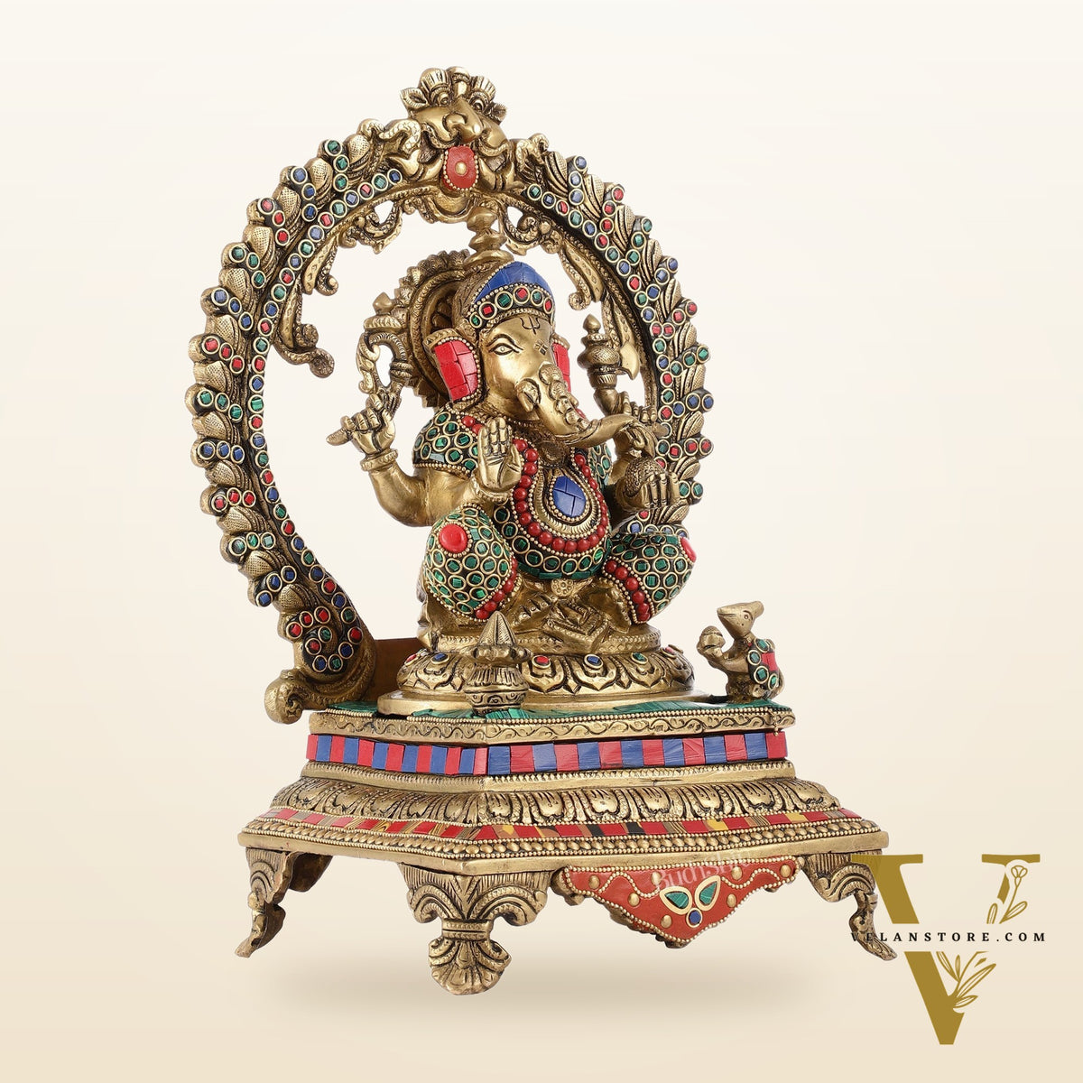 Beautifully Handcrafted Ganesha Statue on Throne with Yali Prabhavali 14" Stonework