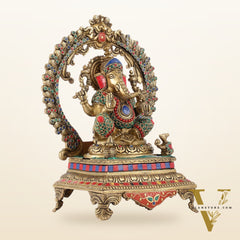 Beautifully Handcrafted Ganesha Statue on Throne with Yali Prabhavali 14" Stonework
