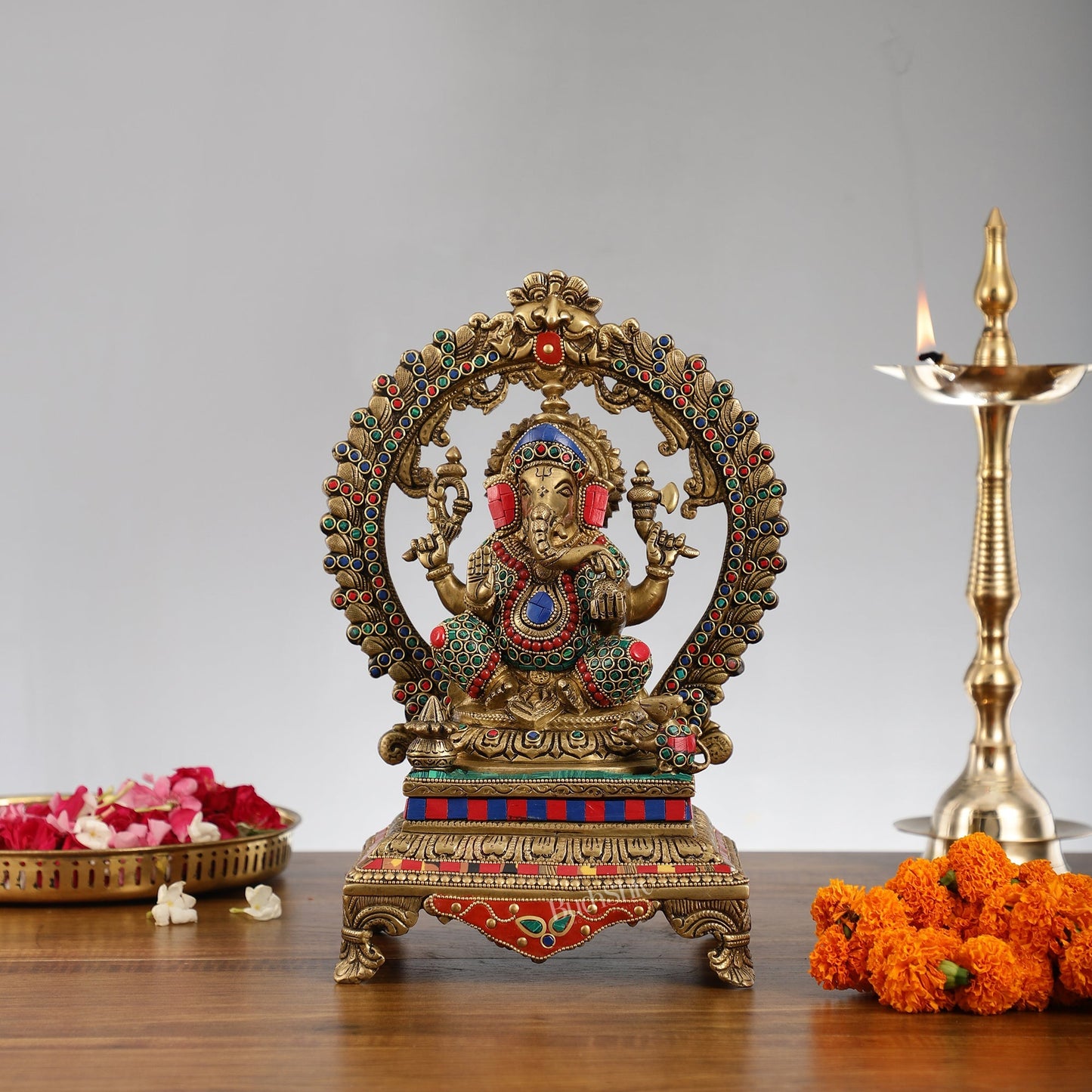 Beautifully Handcrafted Ganesha Statue on Throne with Yali Prabhavali 14" Stonework