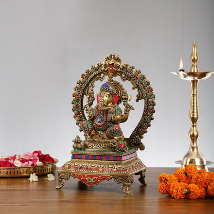 Beautifully Handcrafted Ganesha Statue on Throne with Yali Prabhavali 14" Stonework
