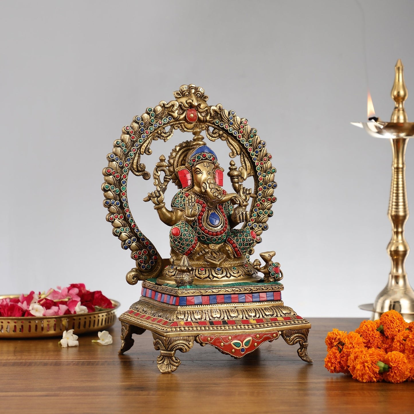Beautifully Handcrafted Ganesha Statue on Throne with Yali Prabhavali 14" Stonework