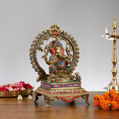 Beautifully Handcrafted Ganesha Statue on Throne with Yali Prabhavali 14" Stonework