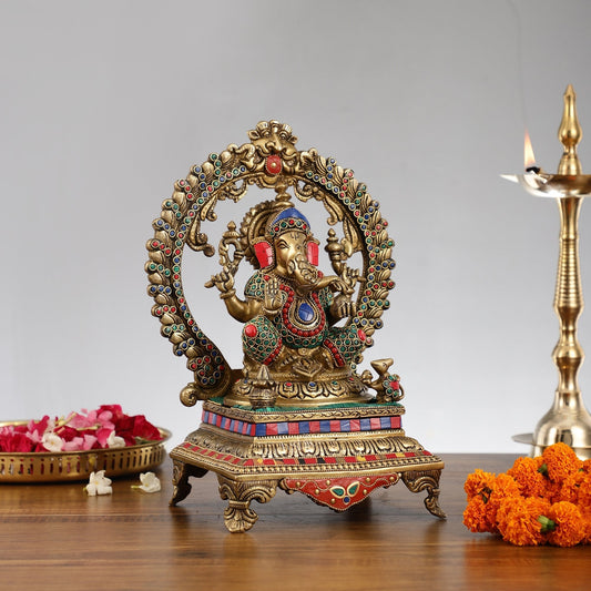 Beautifully Handcrafted Ganesha Statue on Throne with Yali Prabhavali 14" Stonework
