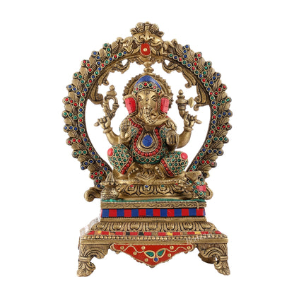 Beautifully Handcrafted Ganesha Statue on Throne with Yali Prabhavali 14" Stonework