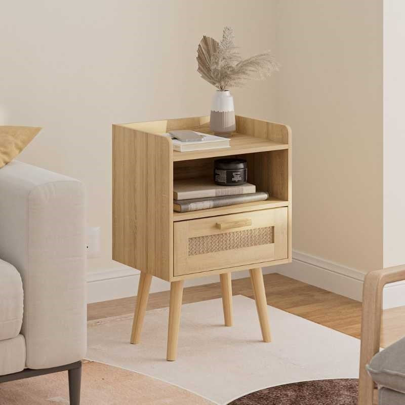 Scandinavian Wooden Bedside Table with Cane Drawer & Open Shelf