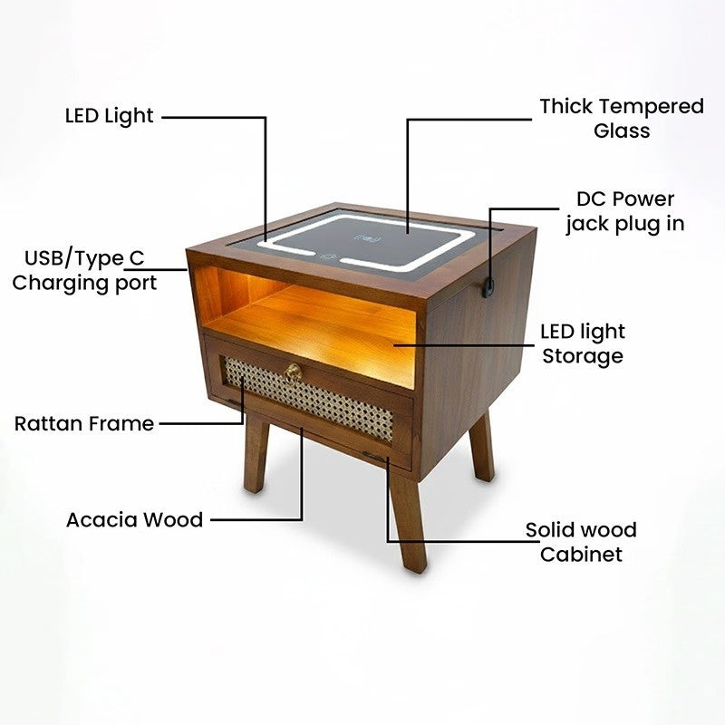 Smart Solid Wood Bedside Table with Wireless Charging Station, LED Light, Rattan Drawer & USB Ports for Bedroom & Living Room