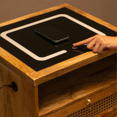 Smart Solid Wood Bedside Table with Wireless Charging Station, LED Light, Rattan Drawer & USB Ports for Bedroom & Living Room