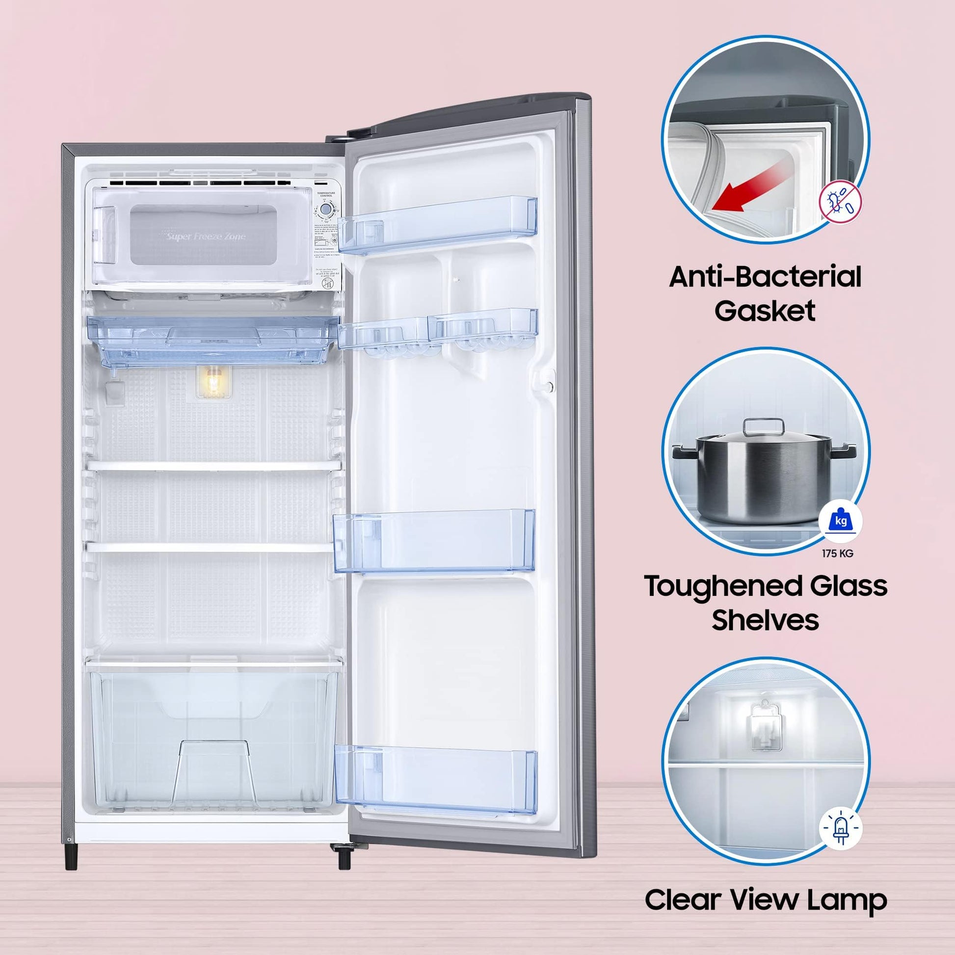 SAMSUNG Stylish Grande 183 Litres 2 Star Direct Cool Single Door Refrigerator with Stabilizer Free Operation (RR20C2412GS/NL, Grey Silver)