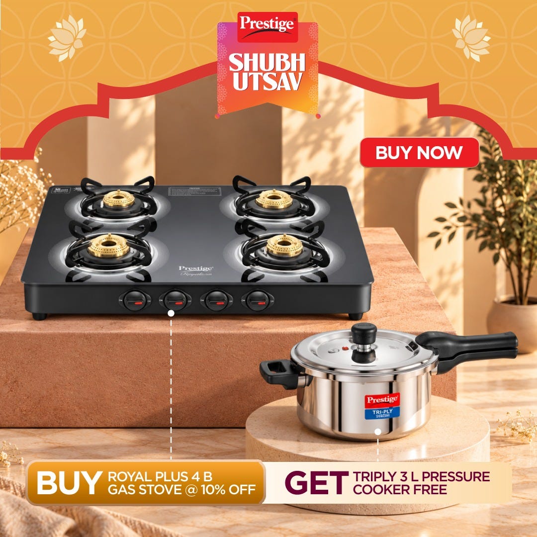 Prestige Royale Plus GT 04 Toughened Black Glass Top Gas Stove + Prestige 3 Litre TRIPLY Svachh Outer Lid Pressure Cooker, Deep Lid for Spillage Control, Gas & Induction Compatible, 5Y Warranty, ISI