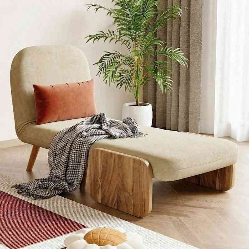 Mid-Century Beige 3-in-1 Convertible Single Seater Sofa Cum Bed with Solid Wood Arm Base