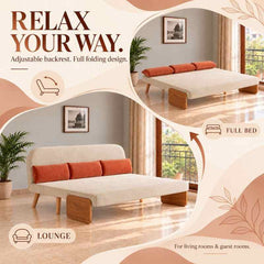 Beige 3-Seater Solid Wood Daybed, Full Sofa Bed, Folding Adjustable Sleeper Lounge Chair - Solid Wood Base (Without Side Tray)