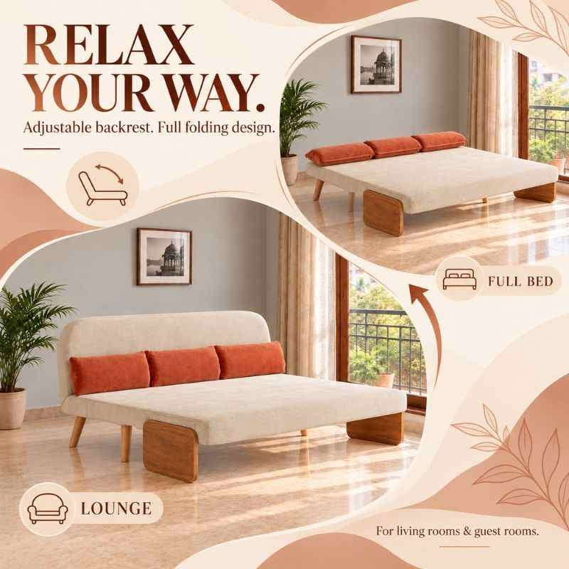 Beige 3-Seater Solid Wood Daybed, Full Sofa Bed, Folding Adjustable Sleeper Lounge Chair - Solid Wood Base (Without Side Tray)
