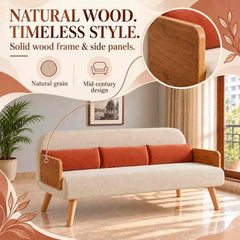 Beige 3-Seater Solid Wood Daybed, Full Sofa Bed, Folding Adjustable Sleeper Lounge Chair - Solid Wood Base (Without Side Tray)
