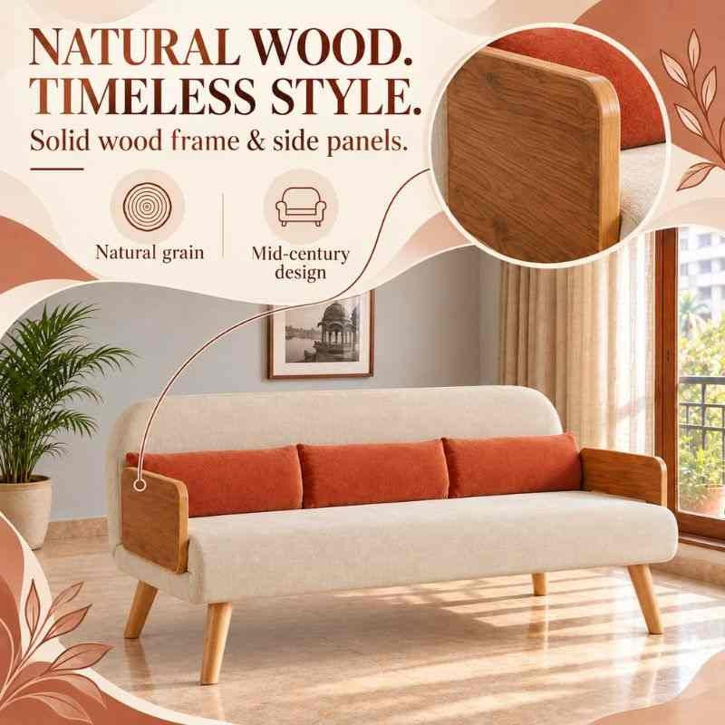 Beige 3-Seater Solid Wood Daybed, Full Sofa Bed, Folding Adjustable Sleeper Lounge Chair - Solid Wood Base (Without Side Tray)