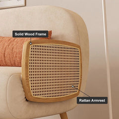 Mid-Century Beige Modern Rattan Daybed Full Folding Sofa Cum Bed, 3-Seater Convertible Sleeper Lounge Chair with Wooden Side Tray
