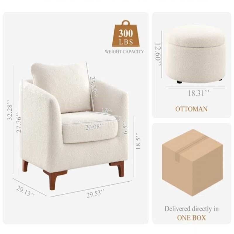 LuxeHaven Armchair with pouff stool set | Beige Fabric with Ottoman | Cozy Reading Chair | Living Room