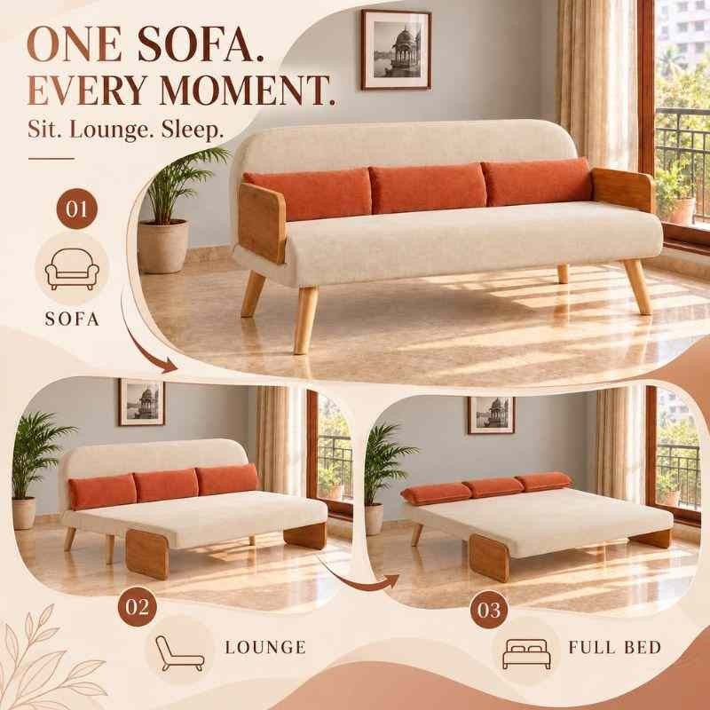 Beige 3-Seater Solid Wood Daybed, Full Sofa Bed, Folding Adjustable Sleeper Lounge Chair - Solid Wood Base (Without Side Tray)