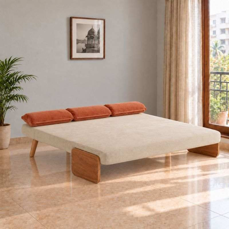 Beige 3-Seater Solid Wood Daybed, Full Sofa Bed, Folding Adjustable Sleeper Lounge Chair - Solid Wood Base (Without Side Tray)