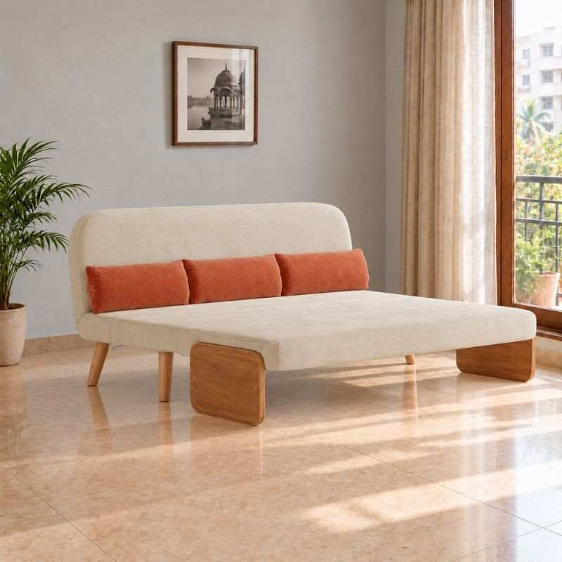 Beige 3-Seater Solid Wood Daybed, Full Sofa Bed, Folding Adjustable Sleeper Lounge Chair - Solid Wood Base (Without Side Tray)