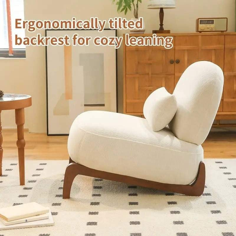 Beige Velvet Accent Chair with Solid Wood Legs - Soft Plush Cushioned Armless Reading Accent Single Sofa