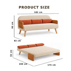 Beige 3-Seater Solid Wood Daybed, Full Sofa Bed, Folding Adjustable Sleeper Lounge Chair - Solid Wood Base (Without Side Tray)