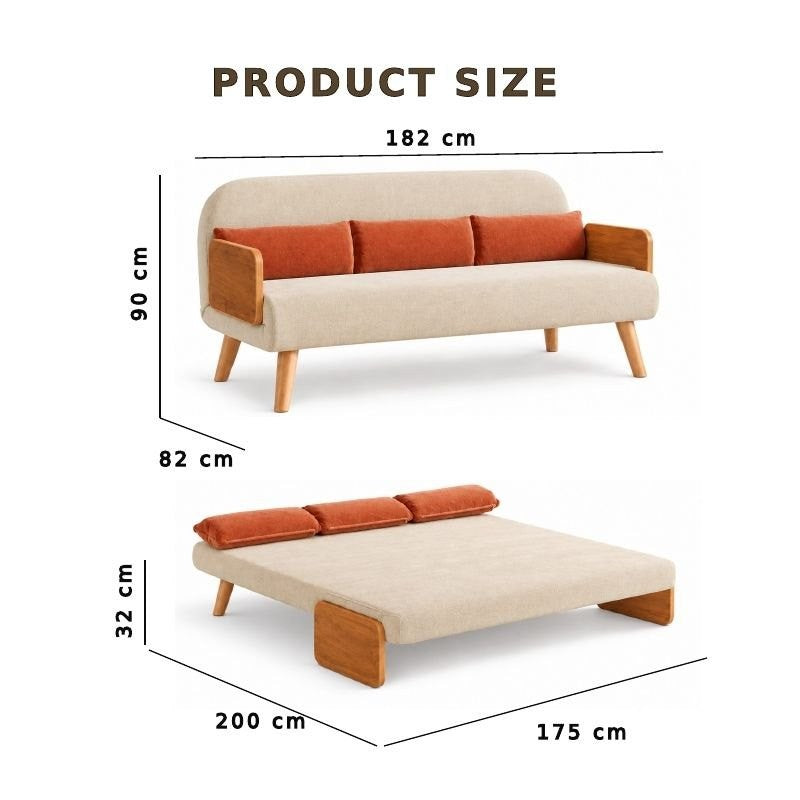 Beige 3-Seater Solid Wood Daybed, Full Sofa Bed, Folding Adjustable Sleeper Lounge Chair - Solid Wood Base (Without Side Tray)