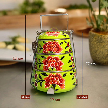 Shri-badri Hand Painted 3 Tier Steel Lunch Box - Green