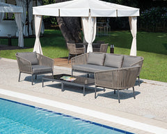 Rafail Outdoor Garden Balcony Sofa Set 3 Seater , 2 Single Seater 2 Center Table Set Braid & Rope (Dark Grey)