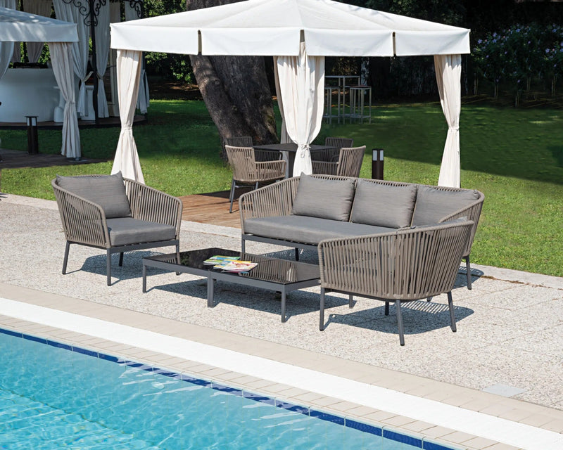 Rafail Outdoor Garden Balcony Sofa Set 3 Seater , 2 Single Seater 2 Center Table Set Braid & Rope (Dark Grey)