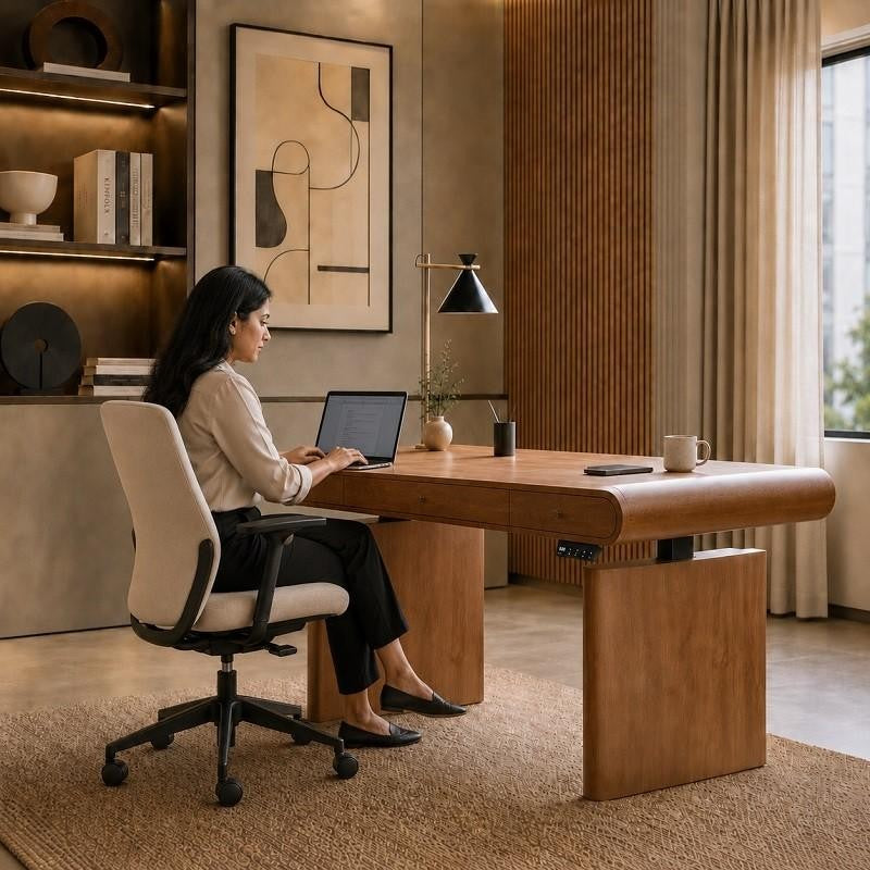 Mid-Century Modern Electric Standing Desk with Height Adjustment, Charging Port & Drawers