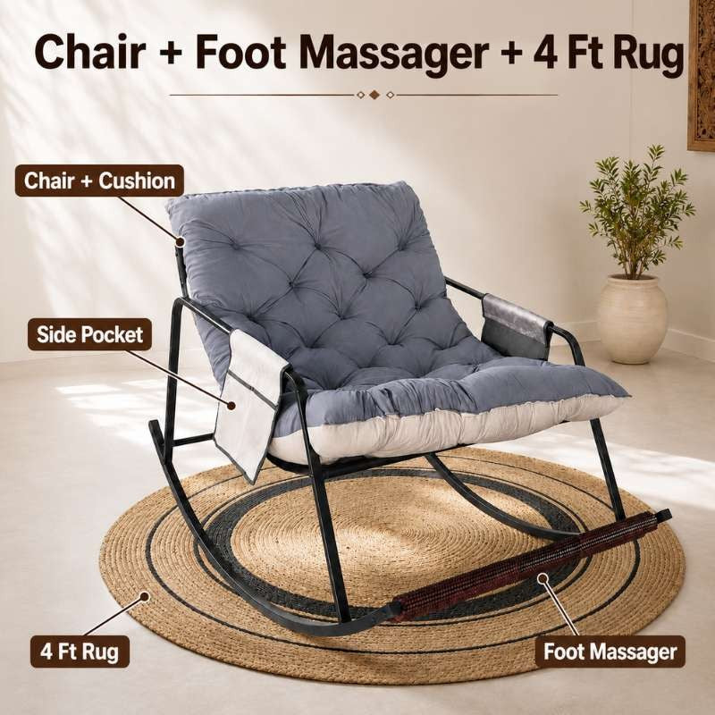 Comfy Rocking Chair with Foot Massager & 4 Ft Jute Rug — Complete Relaxation Corner Set