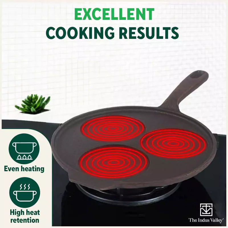 CASTrong Cast Iron Uttapam/ Set Dosa Tawa, 3 Pit, Pre-seasoned, 100% Pure, Toxin-free, Induction, 23cm