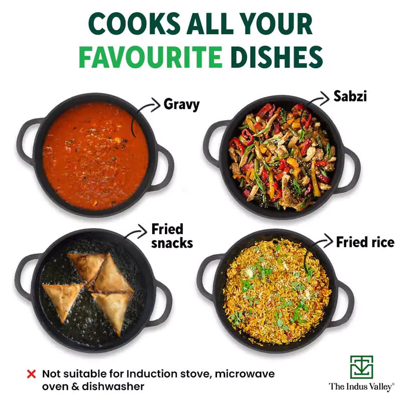 CASTrong Cast Iron Kadai, Pre-seasoned, Nonstick, 100% Pure, Toxin-free, 27cm, 2.5L, 2.5kg