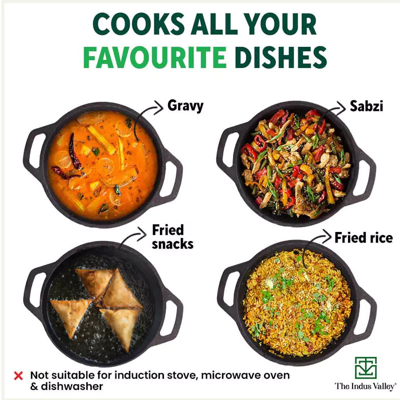 CASTrong Cast Iron Kadai, Flat Handle,Pre-seasoned, Nonstick, 100% Pure, Toxin-free, 20.5/25.6cm, 1.4L/2.4L, 1.8kg/2.5kg