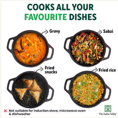 CASTrong Cast Iron Kadai, Flat Handle,Pre-seasoned, Nonstick, 100% Pure, Toxin-free, 20.5/25.6cm, 1.4L/2.4L, 1.8kg/2.5kg